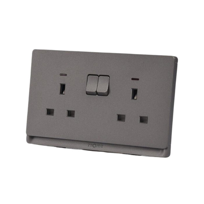 Grey Double Socket with Neon Light Indicator – 2 Gang, 13A