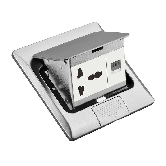 Stainless Steel Access Floor Socket – 13A Universal Socket + RJ45 BF POPU-06-UN