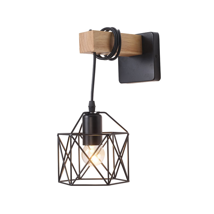 Black Geometric Wall Light with Wooden Accent