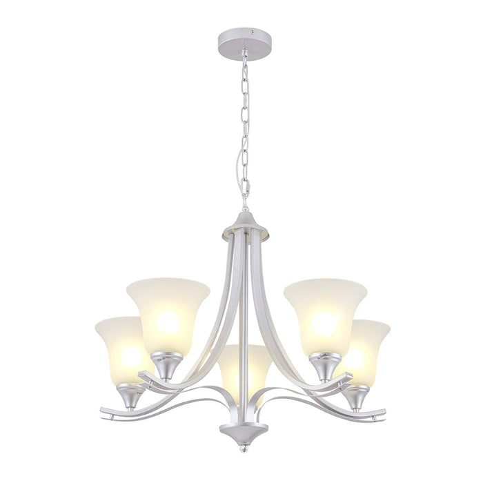 Silver 5-Arm Chandelier with Frosted Glass Shades (E27)