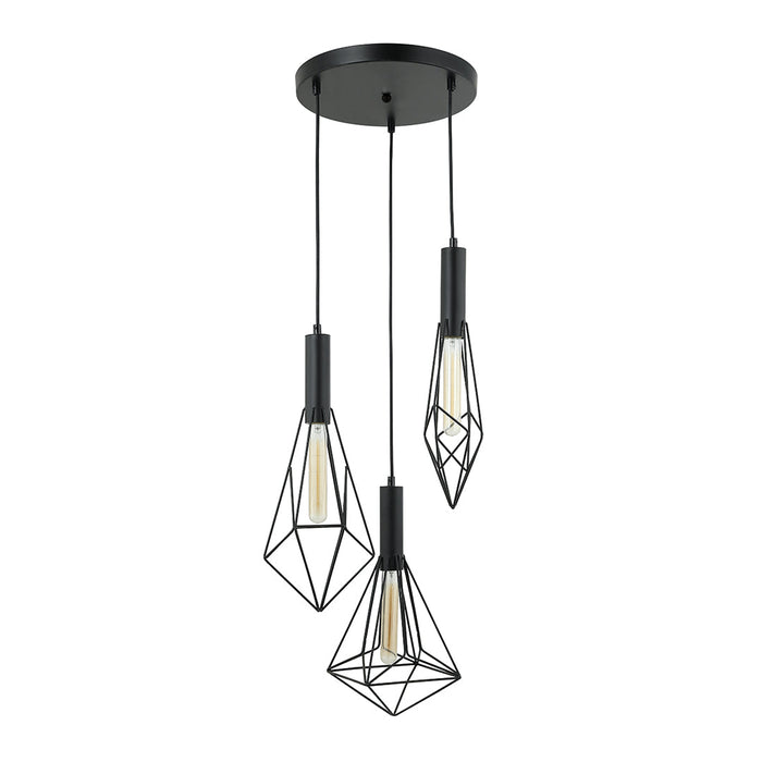 3-Light Pendant Lamp – Black/White Finish, E27 Base, Geometric Cage Design