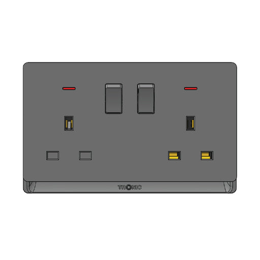 Screwless Double Socket with Neon Indicator Grey Kenya – Tronic
