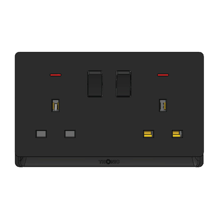 2-Gang Switched Socket with Neon – Black