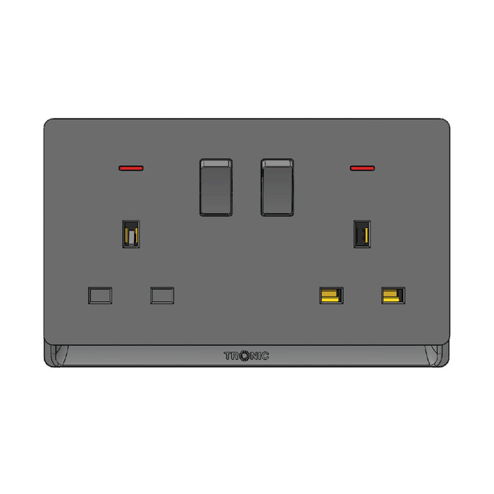 Grey Double Socket with Neon Light Indicator – 2 Gang, 13A