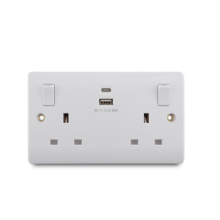 Double USB Wall Socket with USB-C & USB-A Ports