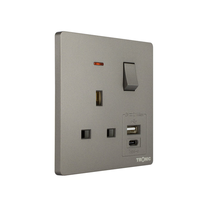 Grey - Single Switch Socket with USB + Type C