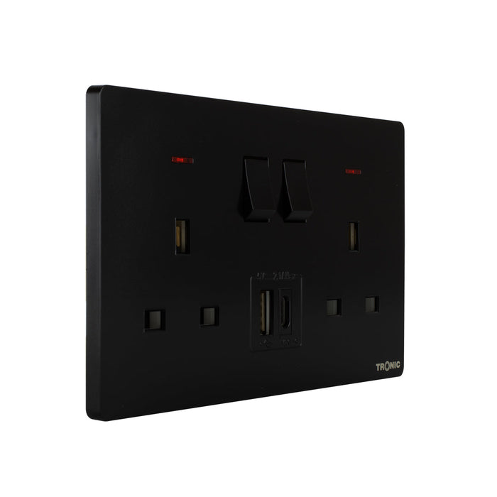 Black - Twin Switch Socket with USB + Type C