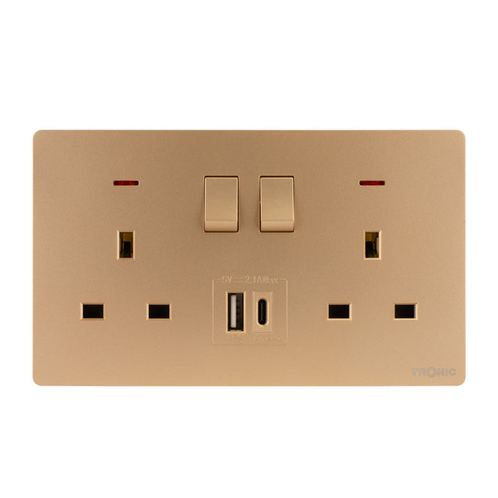 Gold - Twin Switch Socket with USB + Type C