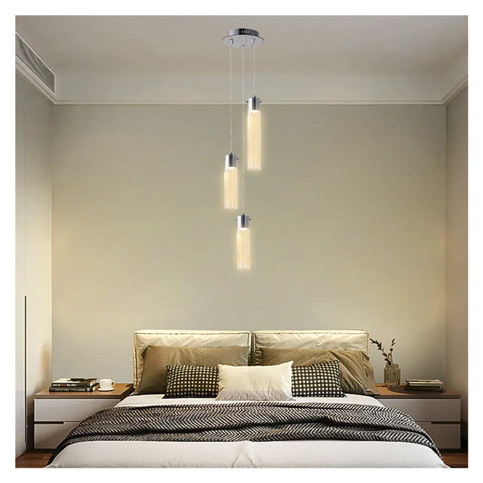 Modern 3-Light Pendant Fixture Chrome and Textured Glass Hanging Light