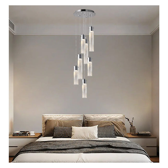 Modern Glass Cylinder Pendant Chandelier 7 Lamp